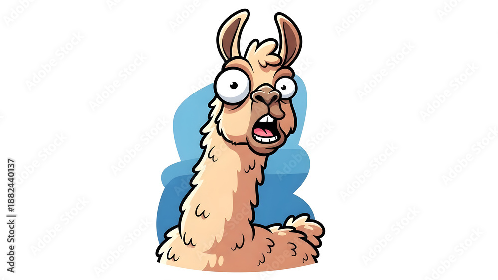 Naklejka premium A comical portrait of a goofy alpaca looking shocked with wide open eyes and mouth showing teeth for a funny reaction
