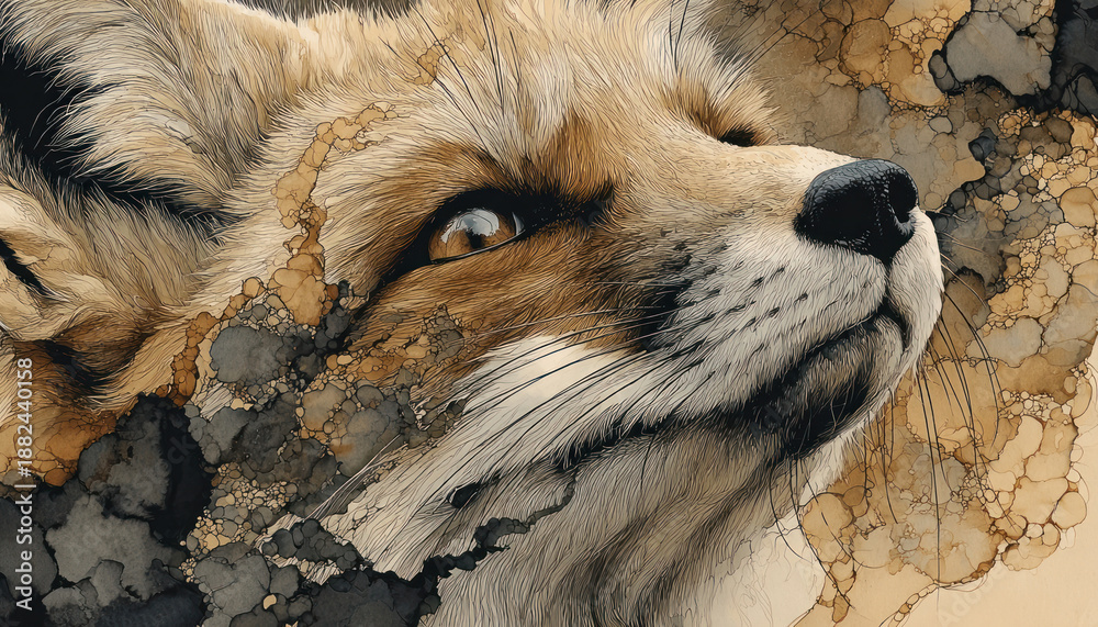 Fototapeta premium An artistic portrait of a fox, executed in watercolor illustration with a flowing ink effect and textured spots.