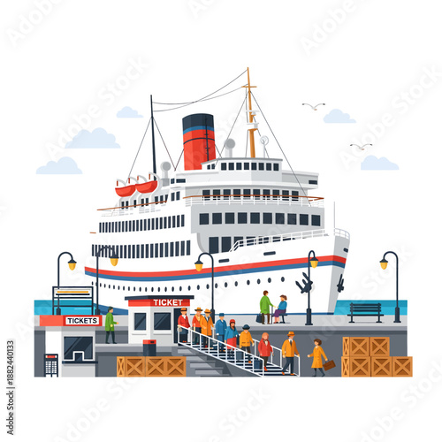Luxury liner docked at a bustling port with people boarding the vessel