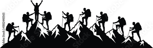 Mountain hiking teamwork silhouettes showing climbers reaching summit together, leadership success motivation concept, adventure expedition, isolated figures on white background