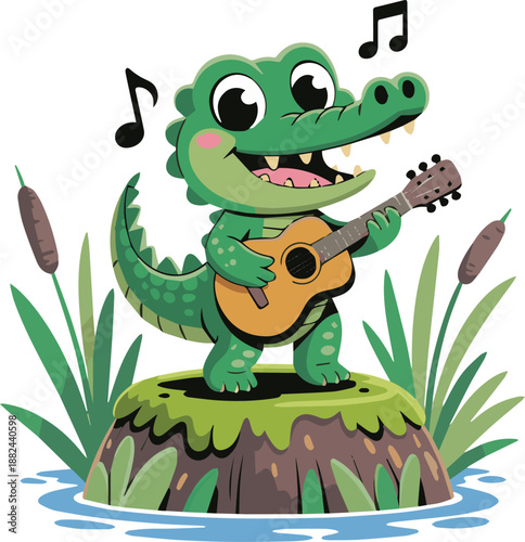 Cartoon crocodile enjoy with guitar flat vector icon illustration for sticker, logo, book, t-shirt design and more decorations
