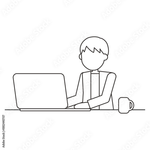 パソコンで作業する男性のシンプルな線画イラスト