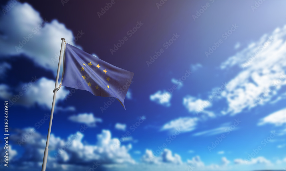 Fototapeta premium eu european union flag waving blue sky cloudy white background wallapper copy space tarrif trade import export international united state america us usa eu europe union agreement country trade finance