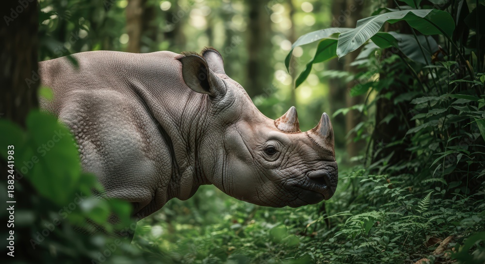 Naklejka premium Close-up profile of a rhinoceros head amidst dense tropical jungle leaves, with expressive features and the texture of its thick skin visible.