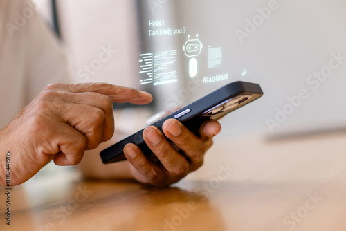 Senior man using tablet with virtual customer service icons, AI chat support and 24/7 service concept. Modern technology, digital communication, online help and smart assistance at home.