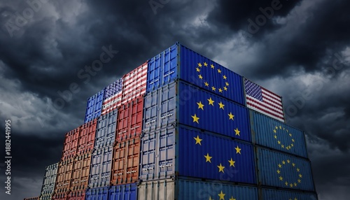 Trade tension stormy container standoff captures dramatic international business conflict, symbolized by stacked cargo containers draped in national flags under dark, threatening skies.