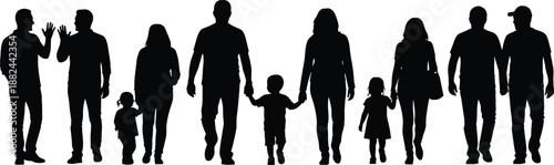 people silhouettes illustration, families parents children walking together, men women social life concept, black vector figures, isolated white background, design