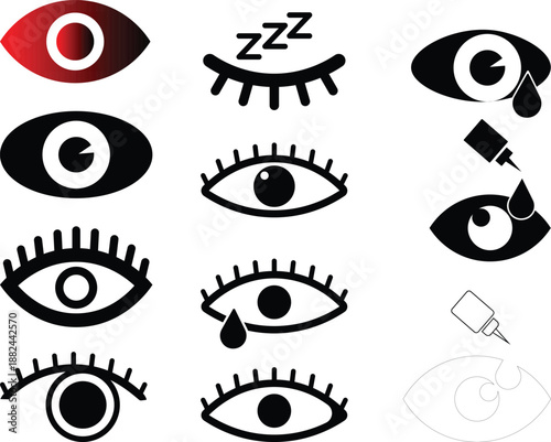 Collection of eye icons depicting various conditions and treatments