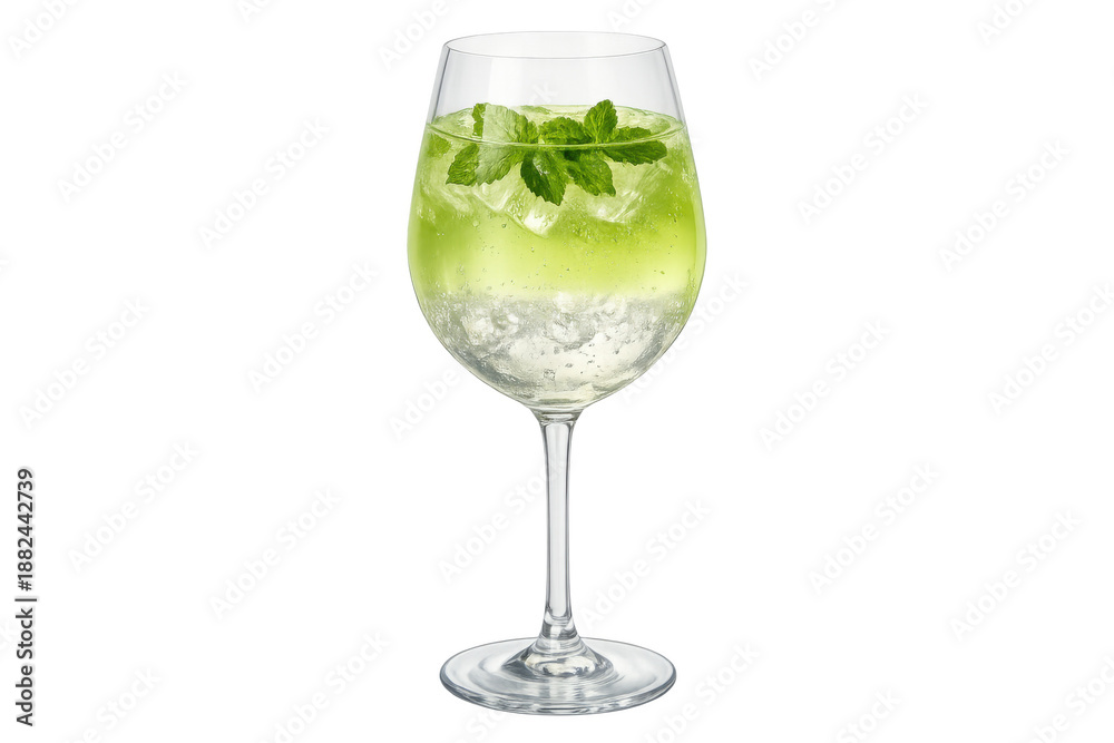 Fototapeta premium Refreshing mojito cocktail with fresh mint and ice in a wine glass, vibrant green beverage on transparent background