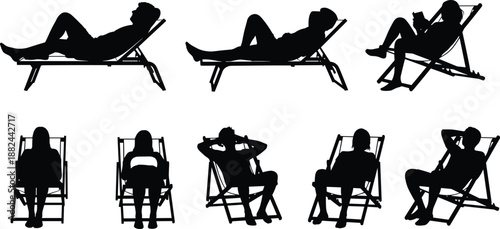 Relaxing people silhouettes on deck chairs, men and women resting lounging poses, leisure lifestyle concept, black figures on white background