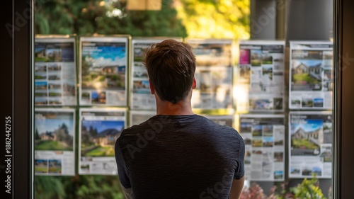 Man viewing multiple real estate property listings on a large display board outside an office