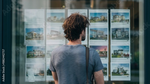 Man viewing various house sale posters on a real estate agency window display
