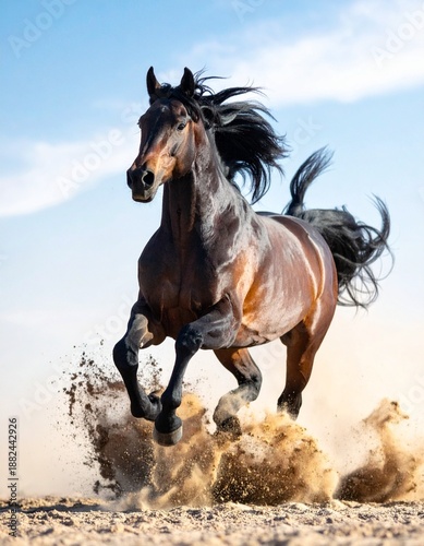 An upheaded, high-stepping American Saddlebred horse trotting with its tail set high