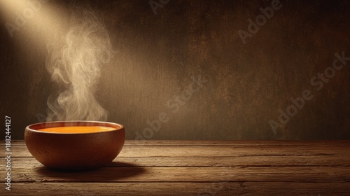 A steaming bowl of pumpkin soup on a wooden table