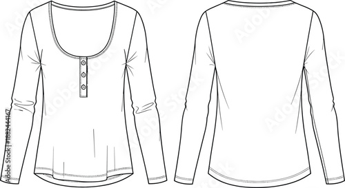 womens long sleeve henley top, scoop neck casual shirt, front back view, fashion technical flat illustration vector