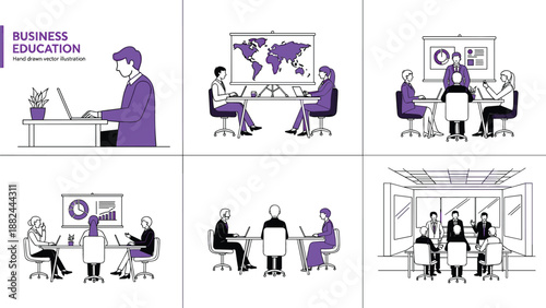 Set of hand drawn business education line art showing professionals in meetings workshops and global training with purple accents