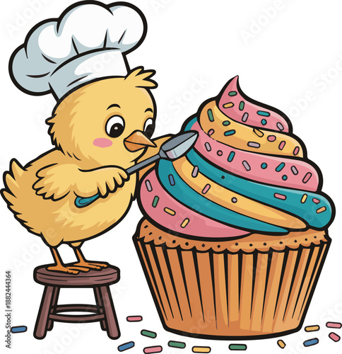 Cute chick making cake flat vector icon illustration for sticker, logo, book, t-shirt design and more decorations