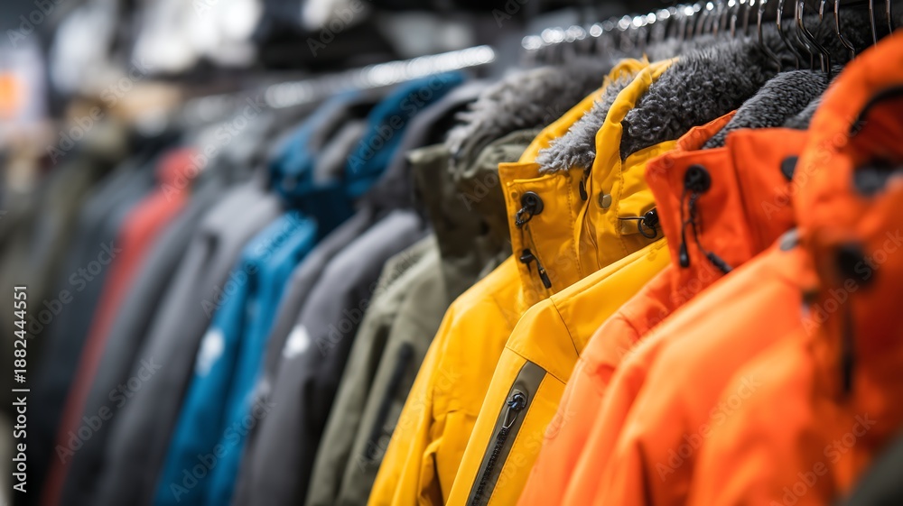 Obraz premium Assorted colorful jackets hanging on a rack in a store, viewed from the side.