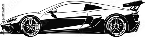 Sports car side view illustration, modern supercar design, black white vector silhouette, luxury performance vehicle isolated on white background, studio