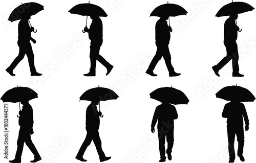 Walking people silhouettes with umbrellas in rain, men figures outdoor rainy weather concept, black isolated silhouettes on white background, design