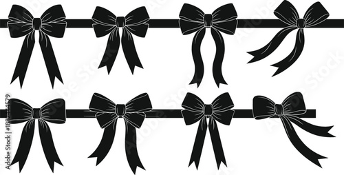 Set of black ribbon bow silhouettes with various styles of tied knots and long tails for gift decoration and fashion design