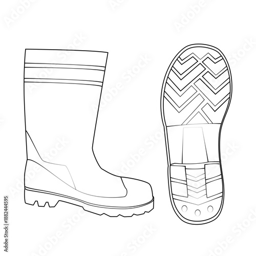 Outline set of industrial rubber boot. Side view and bottom sole tread pattern. Vector line art of protective safety footwear isolated on white background.