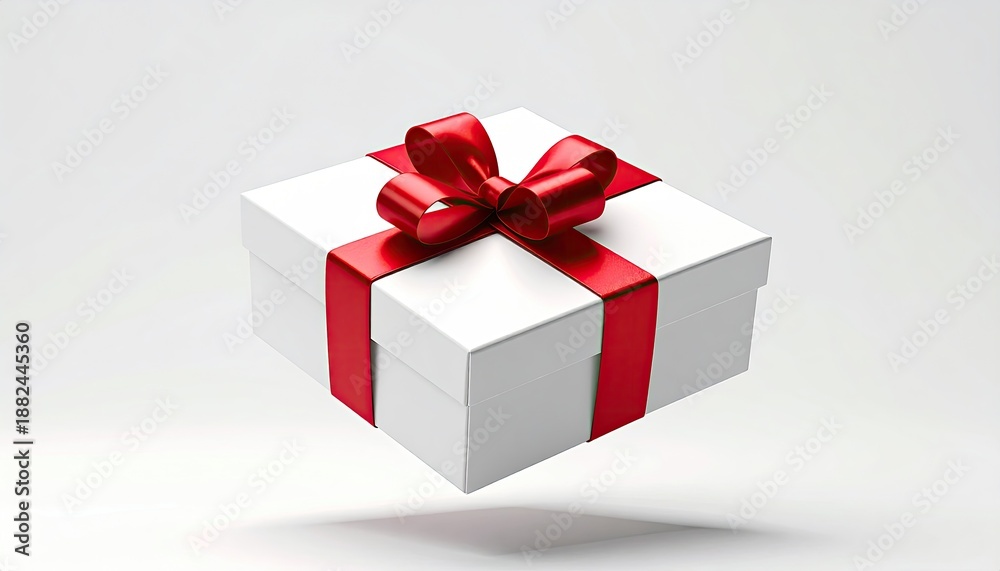 Obraz premium White gift box with red ribbon and bow, levitating