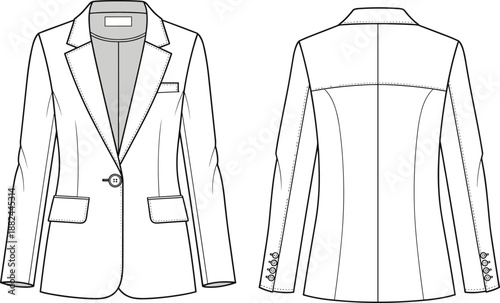women tailored blazer technical fashion illustration, front and back view, single button jacket design, flat vector outline, apparel template, diagram