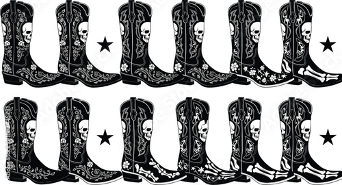 Set of black cowboy boot silhouettes with gothic skull and floral embroidery for western rockabilly and outlaw fashion concept