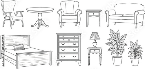 Collection of hand drawn furniture line art icons featuring bed sofa armchair dresser and table for interior design concept