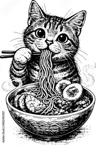 Black and white vector illustration of cat eating noodles from bowl, xerography engraving style, detailed line art, suitable for prints and merchandise.