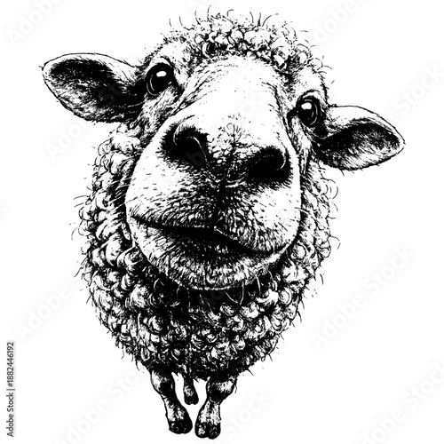 Black and white vector illustration of sheep head close up, xerography engraving style, expressive line art for prints and dark surface engraving.