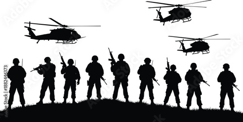 Black silhouettes of soldiers standing on a grassy hill with military helicopters flying above isolated on white background for warfare and army design