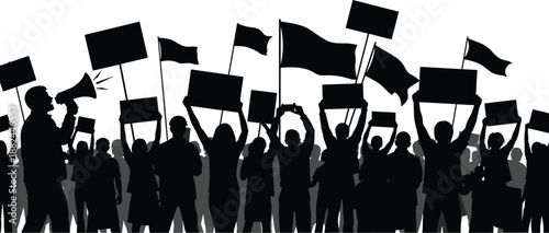 Diverse black silhouettes of people protesting and holding blank signs and flags isolated on white background for social activism and community rally design
