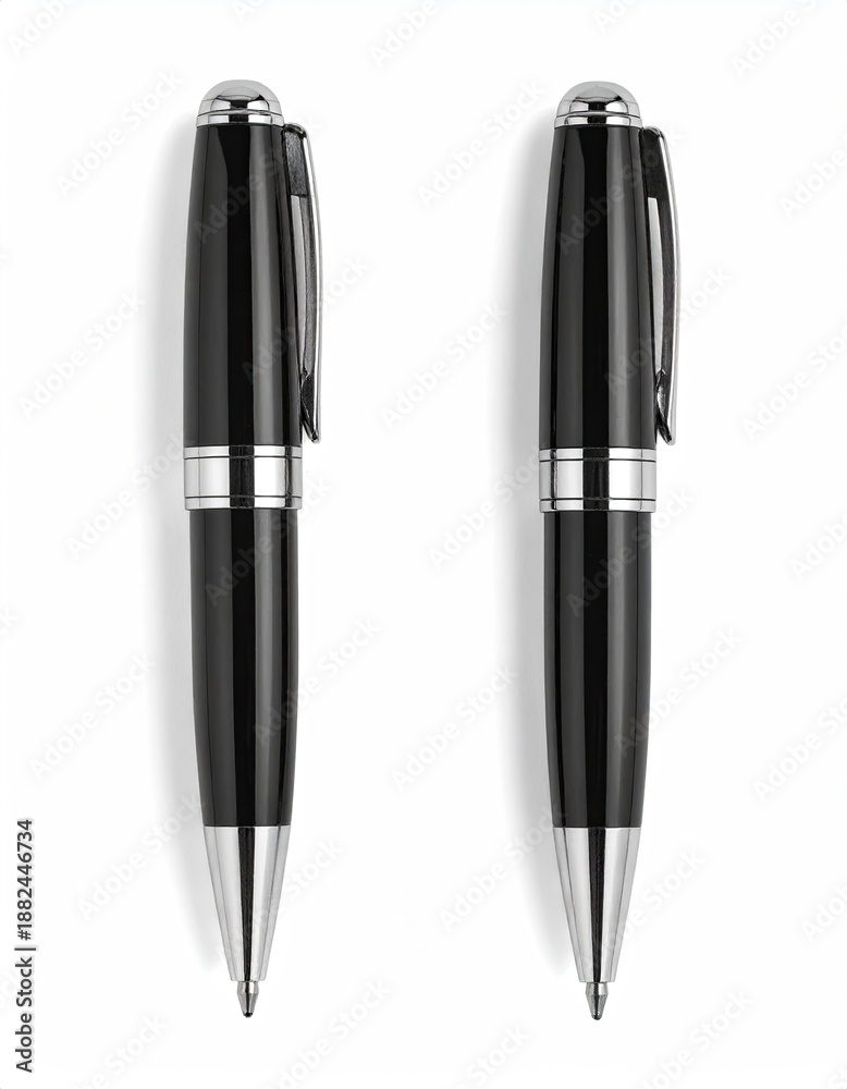 Fototapeta premium Two elegant black and silver pens on white background
