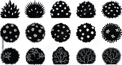 Set of fifteen detailed black bush silhouettes including flowering shrubs garden hedges and decorative plants isolated on white background for landscape design vector illustration