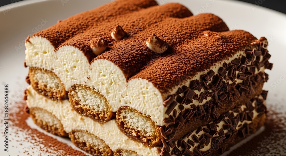 Fototapeta premium Delicious Tiramisu Dessert, a Classic Italian Treat with Ladyfingers and Cream, Rich Cocoa Dusting, and Hazelnut Garnish