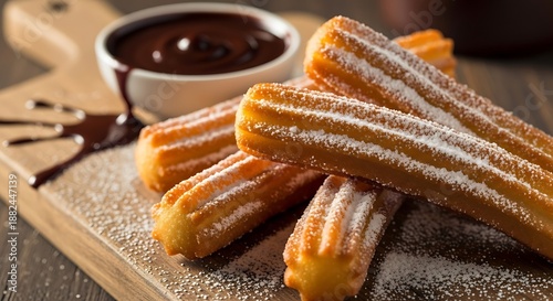 Deliciously sweet and crispy churros dusted with powdered sugar and served with a rich chocolate dipping sauce