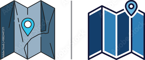 Two vector icons of folded paper maps in shades of blue. Each features a light blue location pin, one centered and one offset, representing navigation, travel planning, and geographical tracking.