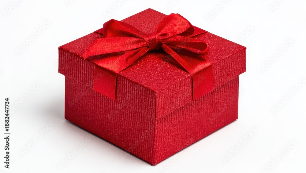 Obraz premium Vibrant Red Square Gift Box with Elegant Satin Bow, Isolated on White, Perfect for Holidays and Special Occasions.