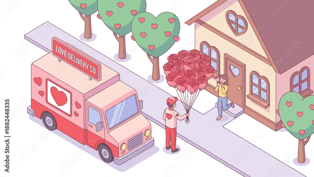 Naklejka premium Isometric Food Delivery Service Illustration with Courier at Cute House Vector