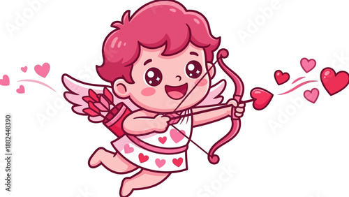 Quadro su tela Cute Pink Cartoon Cupid Baby Flying with Bow Arrow and Hearts Valentine's Day Il