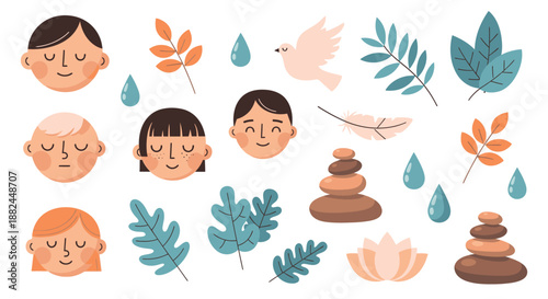 Serene faces and leaves surrounding peaceful elements in a calming illustration viewed from directly above