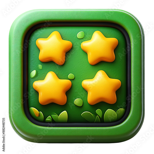 Four yellow star rating badge with green background and decorative leaves in friendly 3D style. Rating concept
