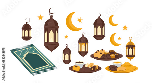 Celebrating Ramadan with lanterns, crescent moons, and traditional feast on prayer mat
