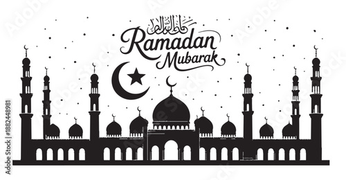 Ramadan mubarak horizontal background with black mosque silhouette and arabic calligraphy calligraphy