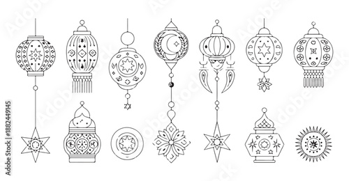 Collection of line art Islamic lanterns and ornamental elements for Ramadan decoration