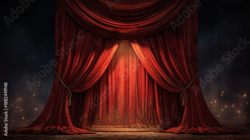 A theatrical stage with red curtains, illuminated and waiting for performance