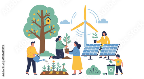Community members engaging in eco-friendly activities together near solar panels and wind turbines in a lush green environment