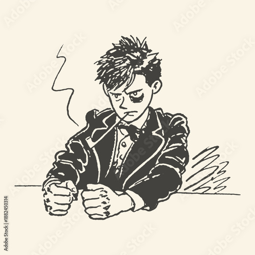 Rebellious Punk Teenager in Suit with Black Eye and Cigarette Smoldering, Edgy Comic Book Style Illustration